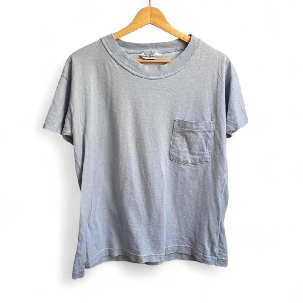 Vintage 80s Favorited Blue Pocket Tee Minimalist Mens S Single Stitch